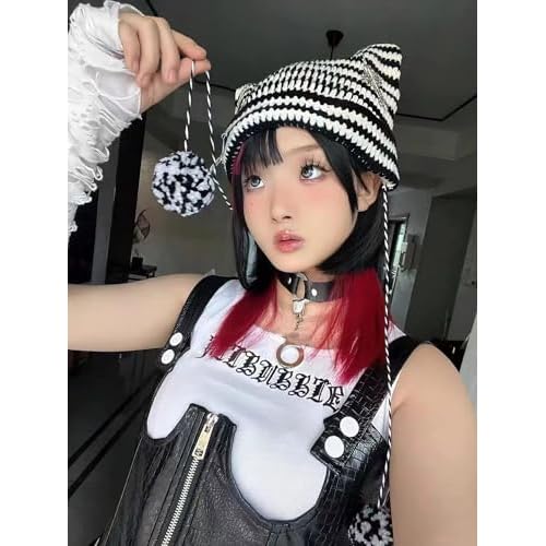 Y2k Beanies Crochet Knitted Cat Hats Goth Cross Devil Hat Striped Alt Emo Accessories Grunge Y2k Aesthetic Clothes