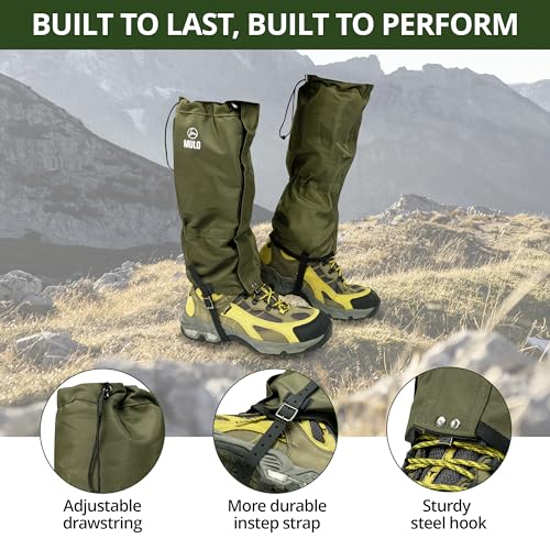 MULO Leg Gaiters, 100% Waterproof and Durable, Hiking Gaiters with Adjustable Rubber Foot Strap for Snow and Mud Protection