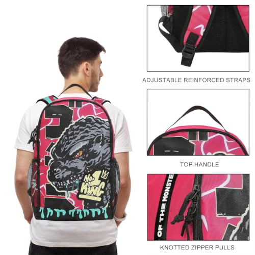 Godzilla Pink Backpack with Laptop Sleeve - Large Graphic Design - 17.5 Inch Bookbag - Pink & Black