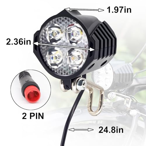 Ebike Headlight 48V 36V, 12V-60V Compatible, 2 Pin Waterproof Connector Electric Bike Front Light