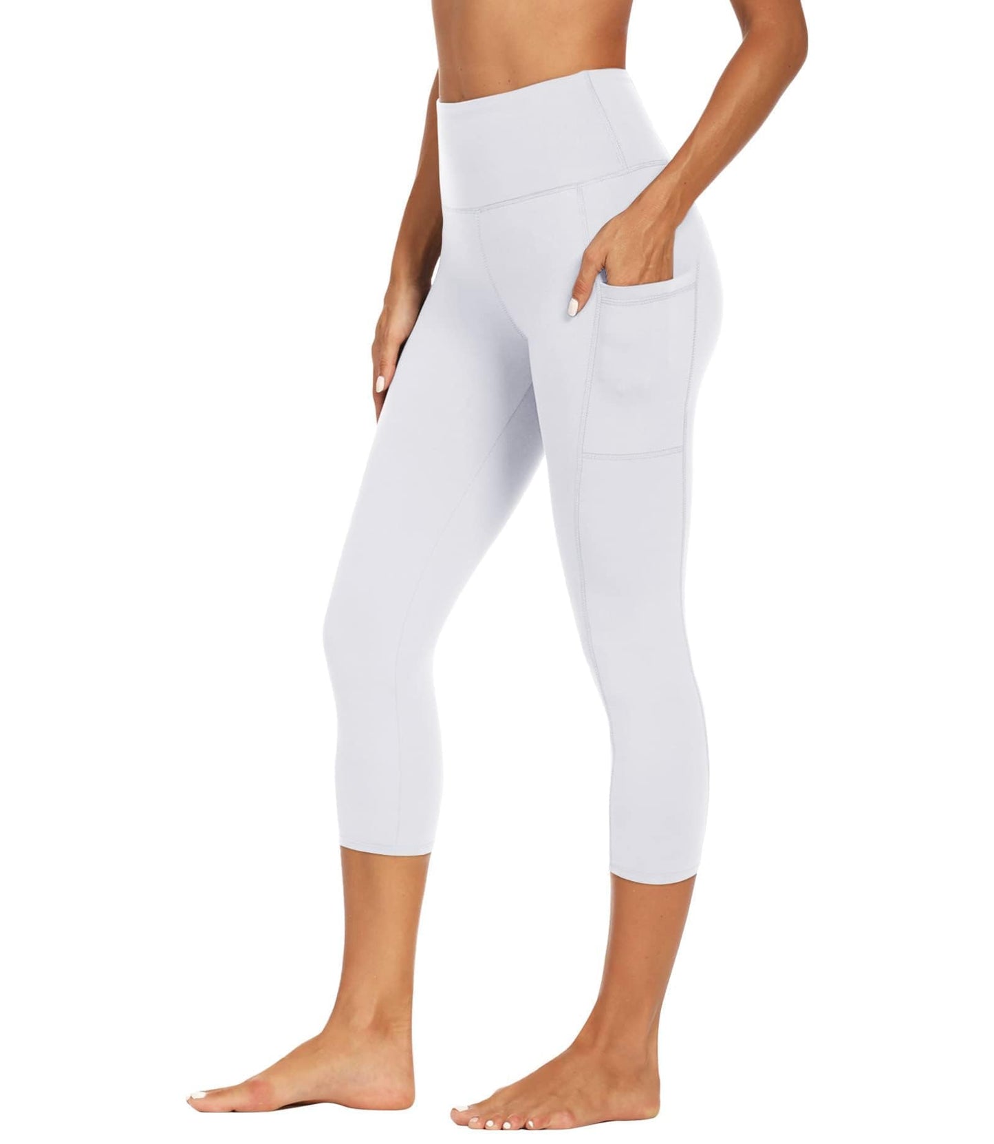 GAYHAY Capri Leggings for Women with Pockets - High Waisted Tummy Control Soft Yoga Pants for Workout Running Cycling White