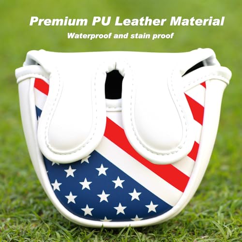 Center Shafted Mallet Putter Cover with USA Flag Design - Waterproof PU Leather Golf Head Cover for Men Women