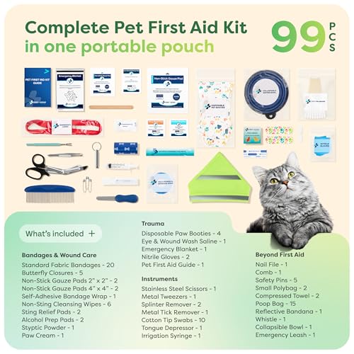 KeepGoing Pet First Aid Kit for Dogs & Cats - 99 Pc Travel Emergency Kit Cats