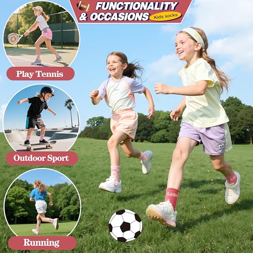 Kids Girls Socks 6 Pairs Athletic Sport Basketball Crew Breathable Cotton White Pink Heart 9-15 Years