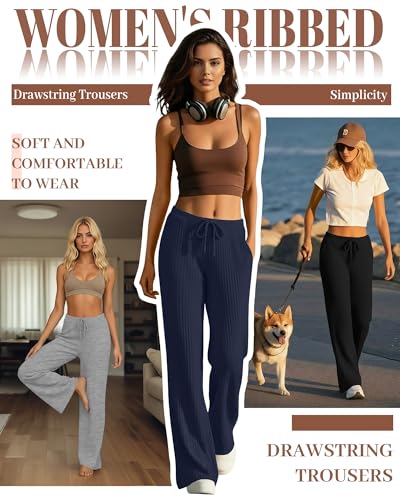 Women's Ribbed Knit Wide Leg Pants - Black, Gray, Navy (3 Pack, Large)