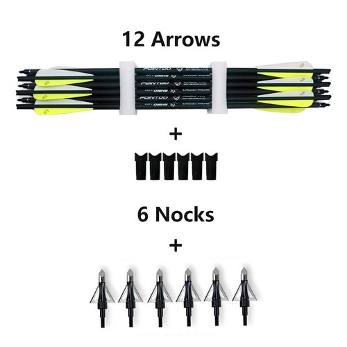 Pointdo 20inch Carbon Crossbow Bolts Crossbow Hunting Arrows with 4" Vanes and Replaced Arrowhead/Tip (12 Pack) (Yellow White&Broadheads)