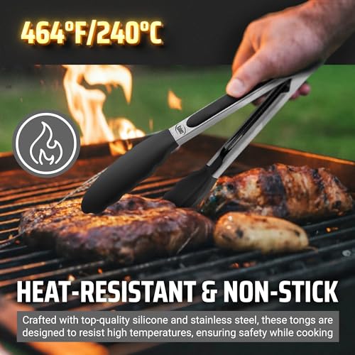 Kaluns Black Kitchen Tongs Set of 4 with Silicone Tips & Bonus Spatula