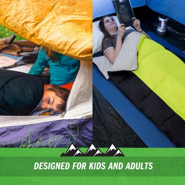 Sleeping Bag - 3 Season Warm and Cool Weather Sleeping Bags for Adults, Teens, and Kids - Lightweight Compact Spring Summer Fall Camping Sleeping Bag - Camping Essentials by Wakeman (Neon Green)