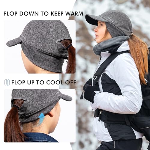 TOP-EX M/L/XL Unisex Water-Repellent Baseball Cap with Ear Flap Ponytail Hole Reflective Winter Hat Fleece Lining Hat