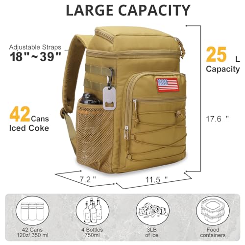 Brown 25L Insulated Cooler Backpack Water-Resistant Camping Bag with Multiple Pockets