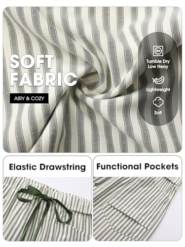 Women's Faux Linen Striped Barrel Capri Pants with Drawstring - Medium Grey Green