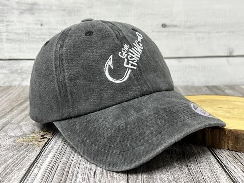 Gone Fishing Dad Hat - Embroidered Fisherman Gift - Washed Black