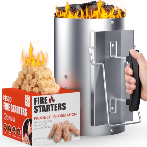 Large Charcoal Chimney Starter with 60 Natural Fire Starters - Charcoal Chimney Set