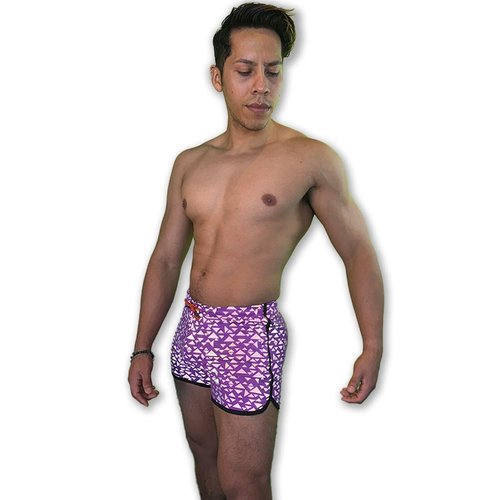 Mens Running Booty Shorts, Zippered Pockets, Rave & Party Short Flash Reflective Gay Rainbow VPL 3in Inseam Shorts (Purple Reflective Triangles, S)