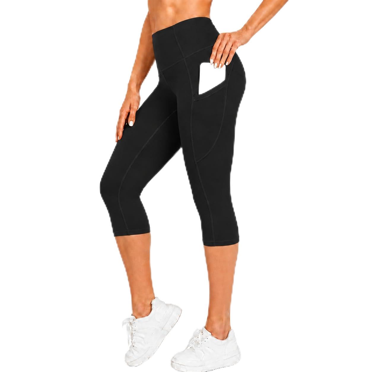 Match Women's Tummy Control High Waisted Active Yoga Pants with Pockets Buttery Soft Workout Leggings (Capris Black, Large)