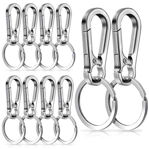 10 Packs Metal Keychain Carabiner Clip, Stainless Steel Heavy Duty Key Chain, Keyring Key Ring Chain Clips Hook Holder Key Organizer for Men Women,Silver