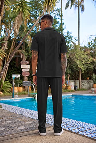 Men's Casual Short Sleeve Button-Down Shirt & Loose Pants Set - Black, Large