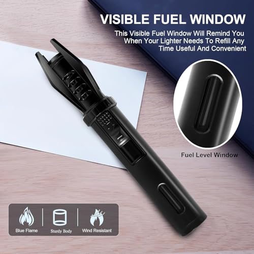 Camping Mini Torch Lighter Small Refillable Butane Lighters Pocket Tactical EDC Windproof Jet Flame with Visual Window for Hiking Survival Kitchen Candle Fireplace Home Party BBQ, 5" (Without Fuel)