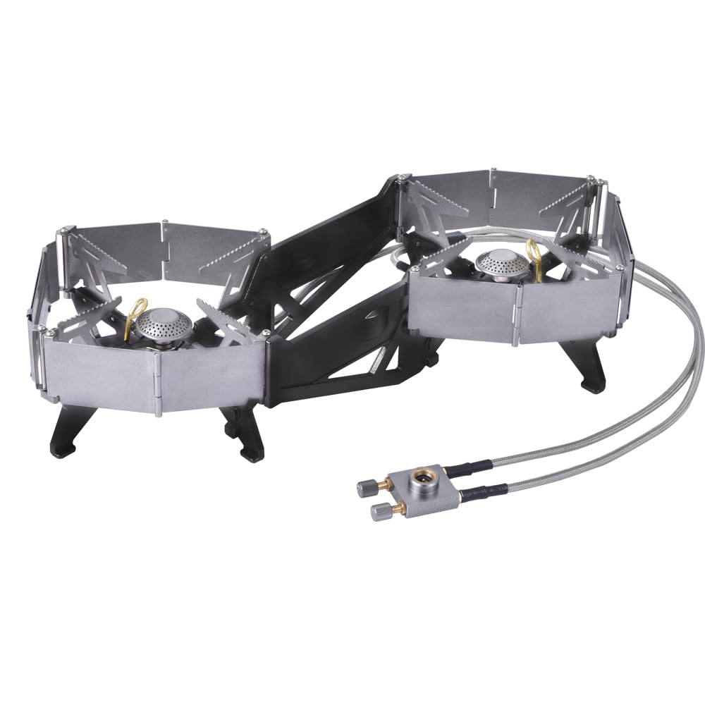 Foldable Dual Head Burner Camping Stove,BRS-32 Portable Windproof Backpacking Furnace Free Adjustable Control Gas Stove for Outdoor Cooking