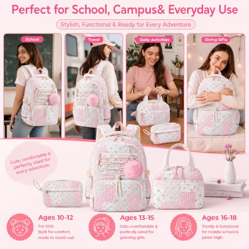 WOBAGMEN Pink Floral Patchwork Girls Backpack Set with Lunch Bag & Pencil Case - Medium, Quilted, 3-Piece School Bag