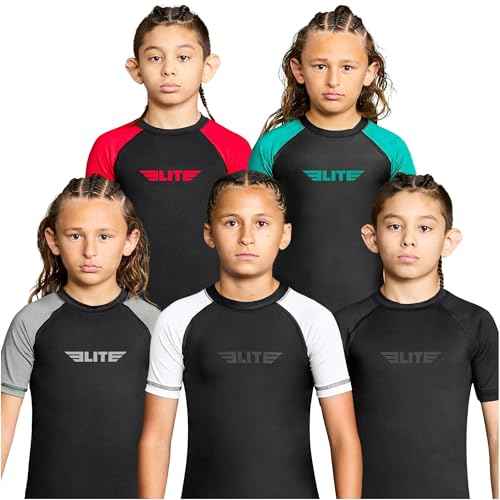 Elite Sports Kids Jiu Jitsu BJJ Rash Guard, Short Half Sleeve Compression Shirt for Youth Boys Girls Sports Nogi Training