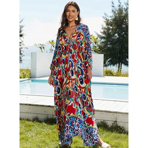 Women Kaftan Dresses Plus Size V-Neck Batwing Sleeves Beach Cover Up 2025 Summer Floral Print Caftan Dress