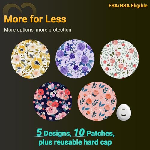 Flower Dexcom G7 Over Patches 10-Pack with Bump-Proof Hard Cap - Pink Flower, Purple Variation