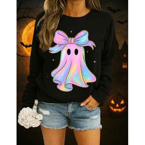 Halloween Sweatshirt Women Spooky Season Cute Black Cat Ghost Sweatshirts Fall Embroidered Pullover Top
