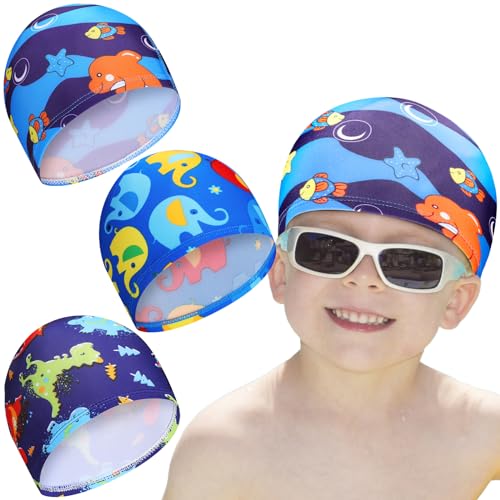 Geyoga Kids Swim Caps 3 Pieces Bathing Swimming Hats Unisex Polyester Bathing Pool Cap Summer Swim Caps for Boys Girls Long Short Hair