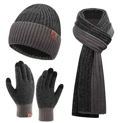 FZ FANTASTIC ZONE Mens Winter Knit Hat Beanie Long Neck Scarf Touchscreen Gloves Set Fleece Skull Caps Gifts for Men Women