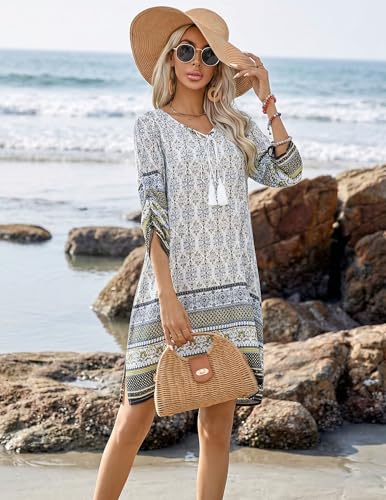 HOTOUCH Boho Dresses for Women Large White Floral Summer Beach Cover Up