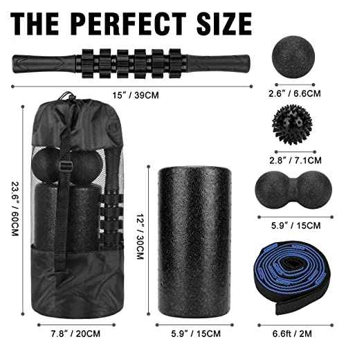 Foam Roller Set - High Density Back Roller, Muscle Roller Stick,2 Foot Fasciitis Ball, Stretching Strap, Massager Ball for Whole Body Physical Therapy & Exercise, Yoga, Back Pain, Leg, Deep Tissue