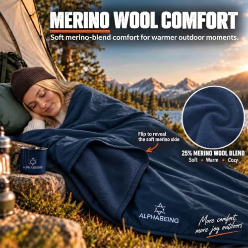 Navy Waterproof Outdoor Blanket with Merino Wool - Extra Thick & Warm