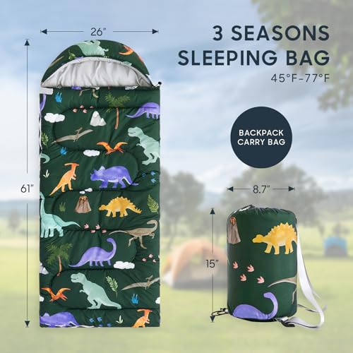 Kids Dinosaur Sleeping Bag for Camping - Dark Green, 61x26 inches