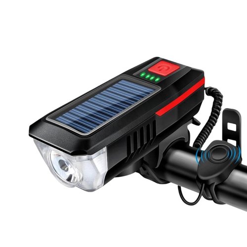 UIVXXUD Multi-Functional Solar-Powered & USB Rechargeable Bike Front Light with 120dB Horn (Red, Black)