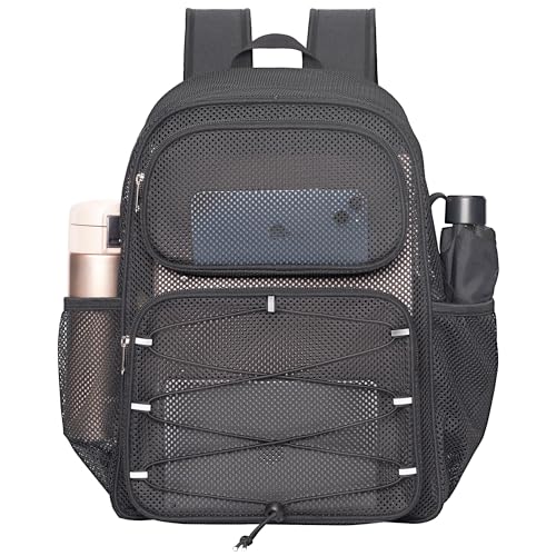 Mesh Backpack Heavy Duty See Through Mesh Bag with Paded Strap Large Capacity for Sports Hiking Travel Outdoor Beach, Black