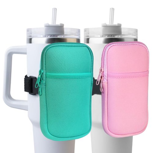 Vidotim Water Bottle Pouch for Stanley Accessories, Running Water Bottle Handheld Caddy Compatible with kinds of Tumbler, Gym Water Bottle (2, Green+Pink, Longer)