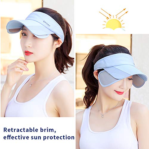 Women’s Summer Sun Visor Hat with Retractable Brim - Blue, UV Protection, Adjustable Golf & Beach Hat