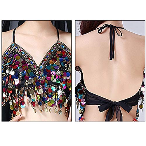 Sequin Halter Bra Top for Belly Dance Festival Boho Clubwear - Black with Colorful Beads