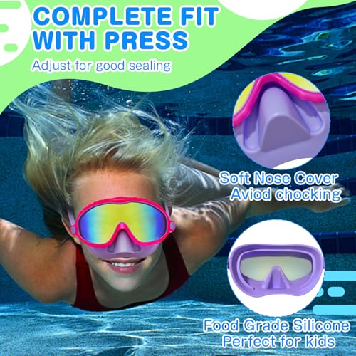 Kids Swim Goggles with Nose Cover 2-Pack Mirrored Blue & Purple Anti-Fog UV