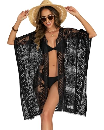 Women's Lace Open Front Bikini Cover Up - Solid Black - Beach Swimsuit Cover