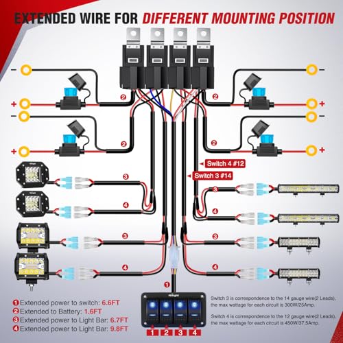 Nilight 16AWG 14AWG 12AWG LED Light Bar Wiring Harness Kit 12V On/Off 4 Gang Rocker Switch Panel Power Relay Blade Fuse 5Pin Toggle Switches for Cars Boat ATV Trucks-8 Leads