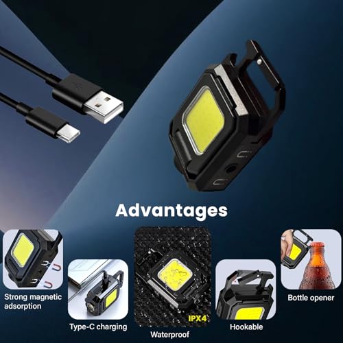 MAKDAK 2PC Cob Keychain Work Light EDC Rechargeable Foldable Keychain Flashlight,Bottle Opener,for Camping,Car Repair,Hiking,Repairing,Power Outrage,Pet Walking,Emergency