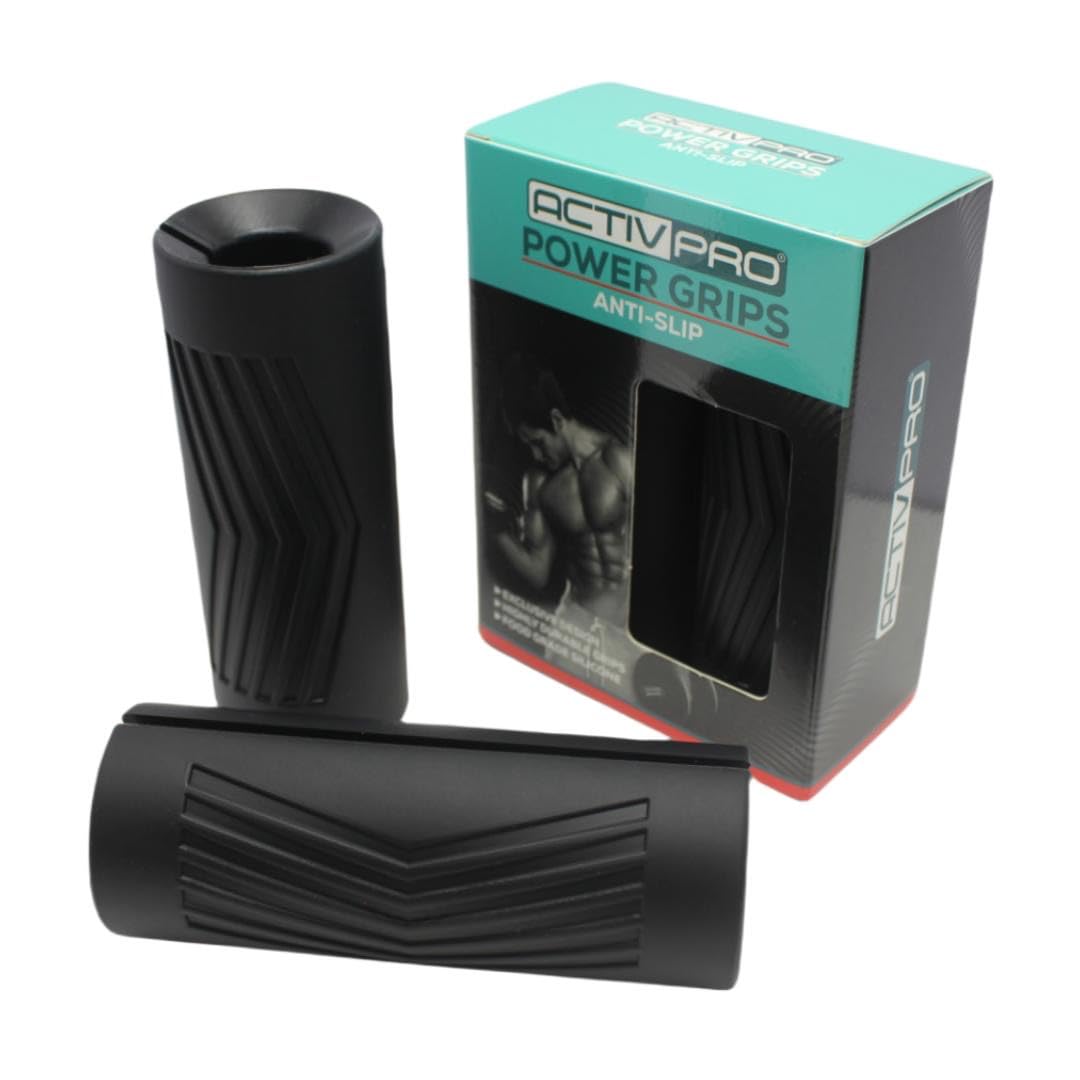 ACTIVPRO Power Grips, Dumbbell Barbell Grips, Top Grade Silicone, Biceps & Forearms Builder, Big Muscles, Thick Grips, Fat Grips, Strength Training (Black)