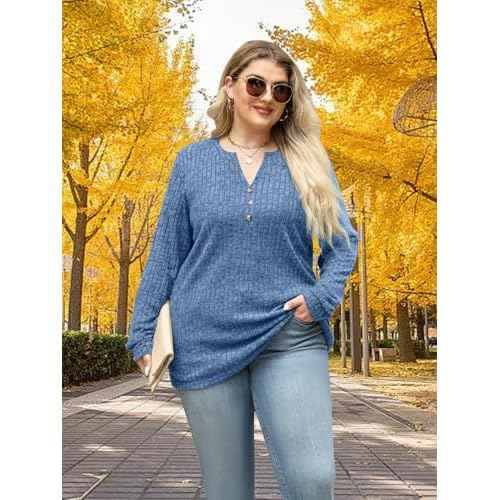 Plus Size Tops for Women Long Sleeve V Neck Button Down Shirts Casual Loose Tunic Sweaters Fall Winter Outfits L-4XL