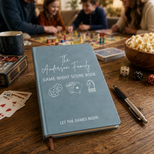 Personalized Game Night Score Book with Family Name - Faux Leather A5 Notebook for Board Games Lovers - Customizable, Compact, Perfect Gift