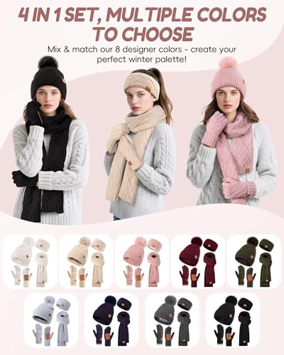Oatmeal Womens Winter Hat Gloves Scarf Headband Set - 4 in 1 Warm Gift