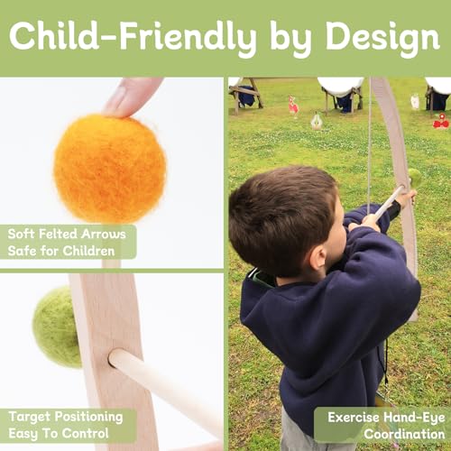 Kids Wooden Bow and Arrow Set with Felt Arrows and Targets - Safe Indoor Outdoor Toy for Children 3+