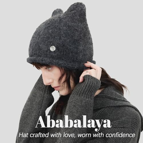Ababalaya Women's Wool Beanie Cute Cat Ear Beanies Y2K Beanie Hat with 3D Ear