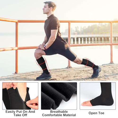 Nuanchu 3 Pairs Open Toe Zipper Compression Socks 20-30mmhg Men Compression Stockings Knee High Zipper Support Socks for Men Women Swelling Edema